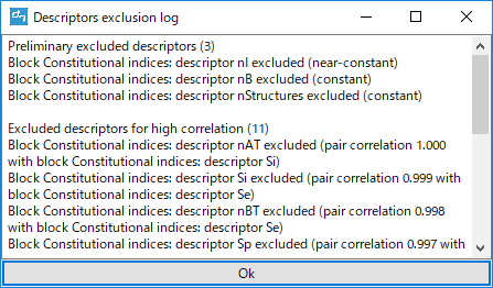 Dragon 7:Preliminary excluded descriptors(3) Block Constitutional(以下略)・「Descriptors exclusion log」画面