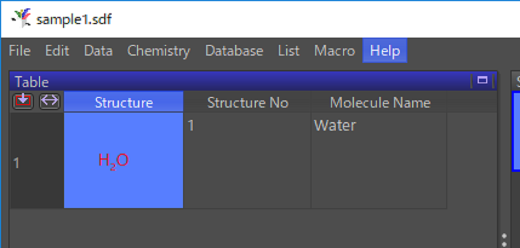 Dragon 7:sample1.sdf読み込み後 Table Structure H2O Structure No 1 Molecule Name Water・Data warrior画面