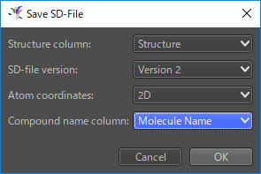 Dragon 7:Save SD-File Structure column:Structure SD-file version:Version 2 Atom coordinate:2D Compound name column:Molecule Name・Data warrior File Saveダイアログ
