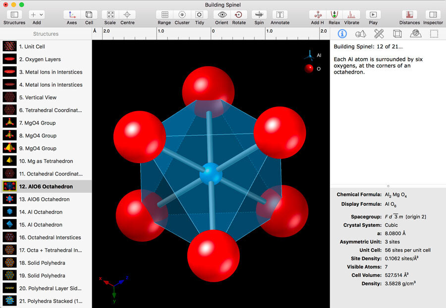 CrystalMaker 複数の結晶構造のリスト表示画面